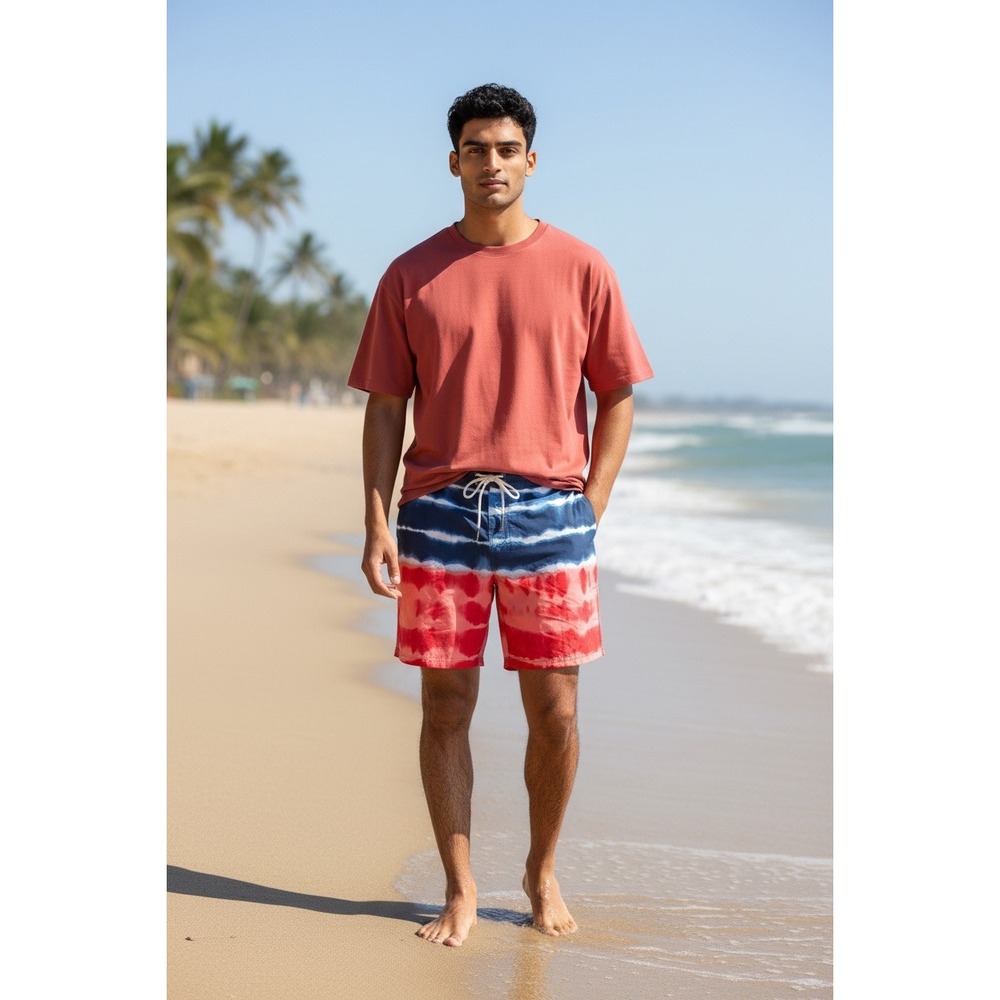 Mens Tie Dye Swim Trunks Navy Blue Red White Striped Board Shorts‎ Beachwear